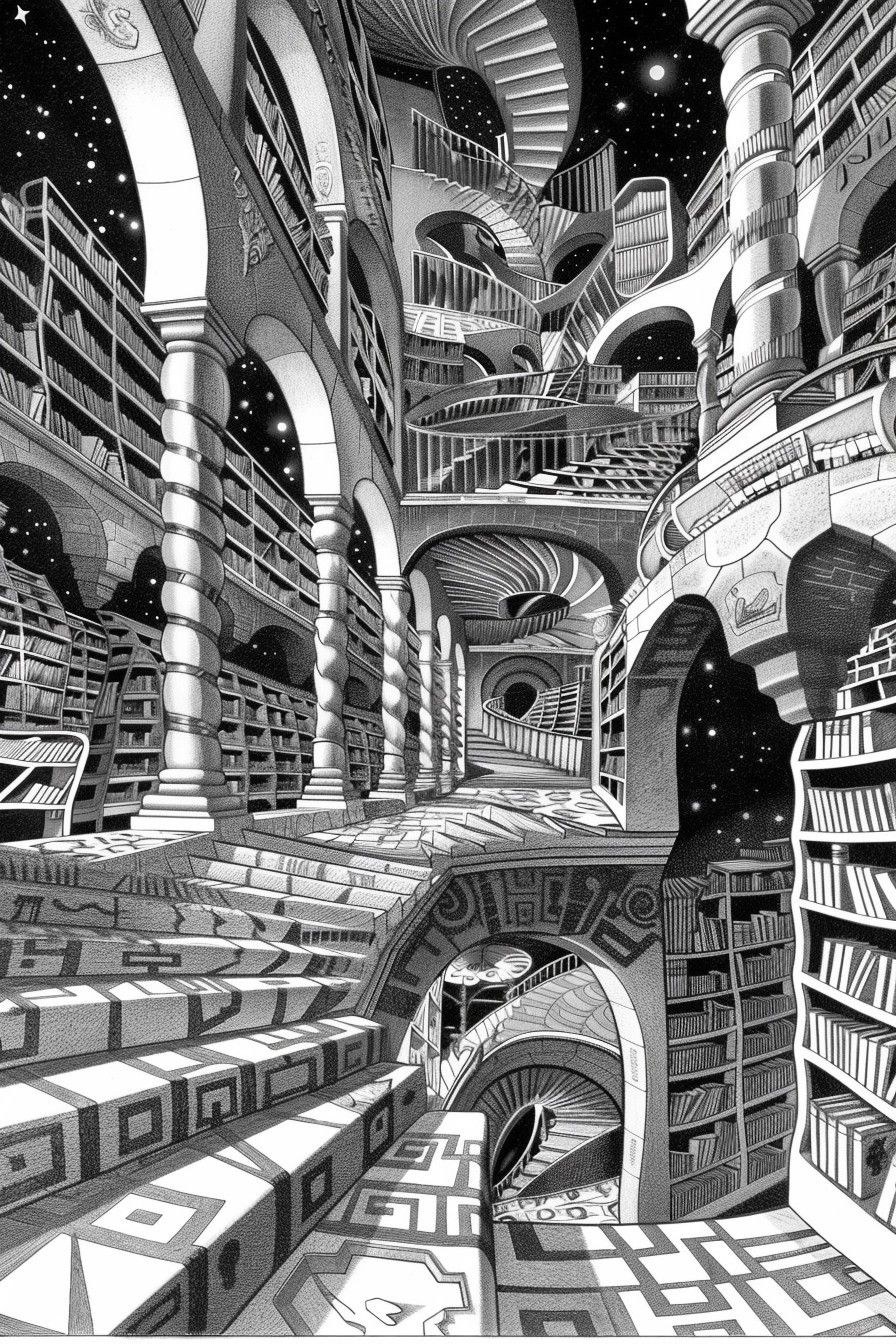 An endless library of stairs and shelves receding into starlight — countless rooms, and doors we don't yet know are there.