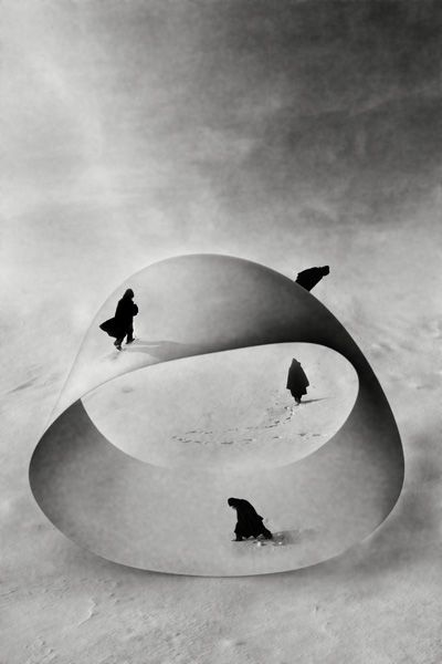 Cloaked figures walking an impossible Möbius loop across the snow — one trajectory, endlessly, never the path not taken.